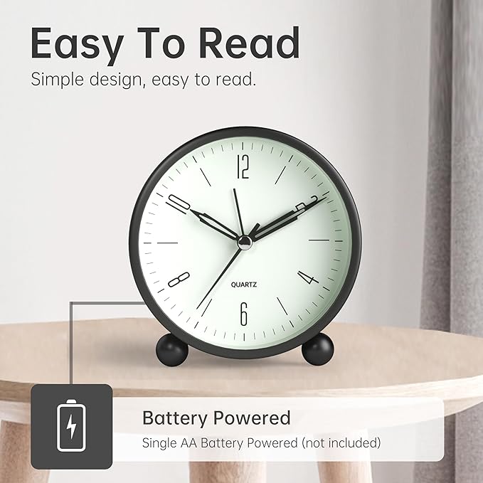 Analog Alarm Clock, 4 inch Super Silent Non Ticking Small Clock with Night Light, Battery Operated, Simple Design, Old Fashioned Style Black Decor, for Bedroom, Bedside, Desk, Adult, Kid, Gift, Black