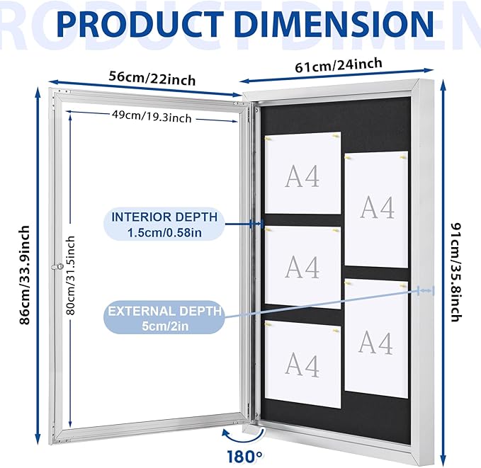 SWANCROWN Outdoor Bulletin Board Weatherproof 36x24in, Enclosed Bulletin Board with Locking Door Wall Display Case for Office School Commerce Show, Black Felt, Sliver Aluminum Frame