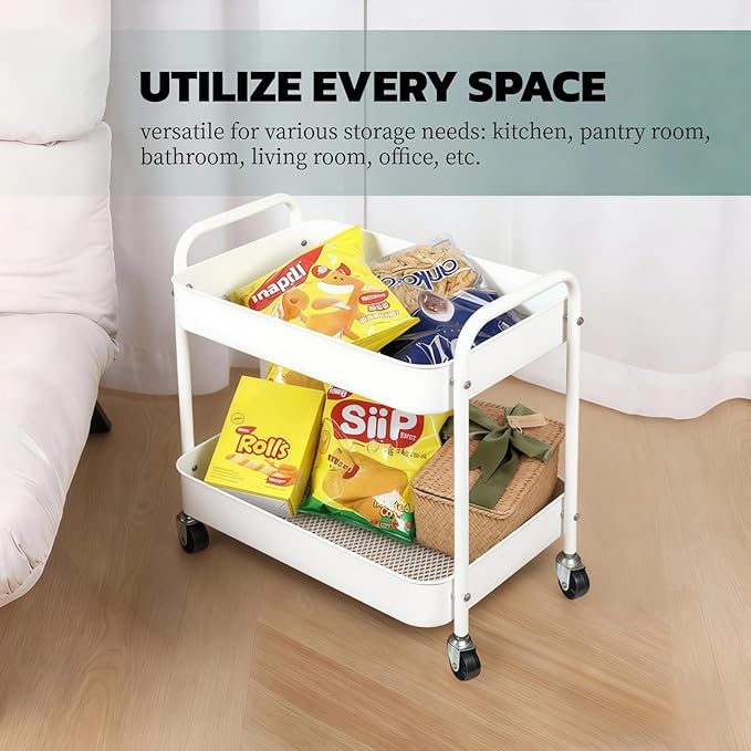 Ufriandz Under Desk Storage Cart 2 Tier Utility Rolling Cart with Wheels, Small Metal Mobile Trolley with Handle Two Tiered Utility Organizer Roller for Kitchen Office Bathroom Pantry Room, White