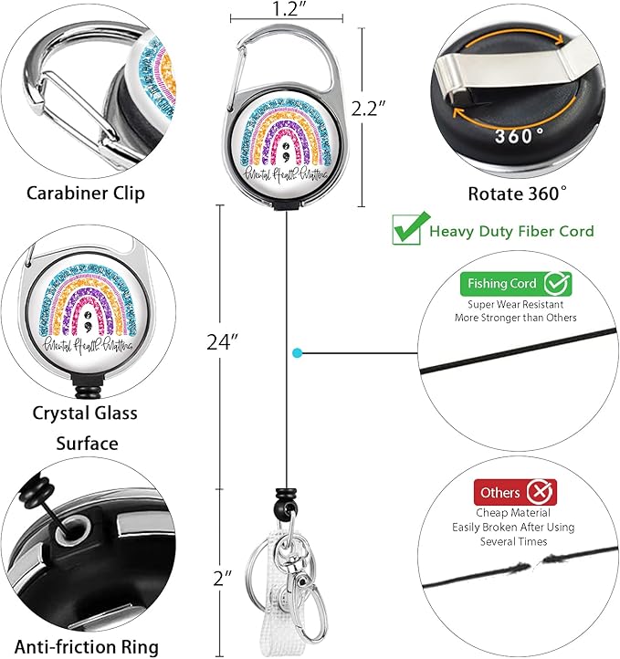 Cute Rainbow Lanyards for Id Badges, Mental Health Matters Badge Reel Heavy Duty with Carabiner Clip, Fashionable ID Badge Holder with Breakaway Lanyard, Teacher Nurse Office Christmas Gifts