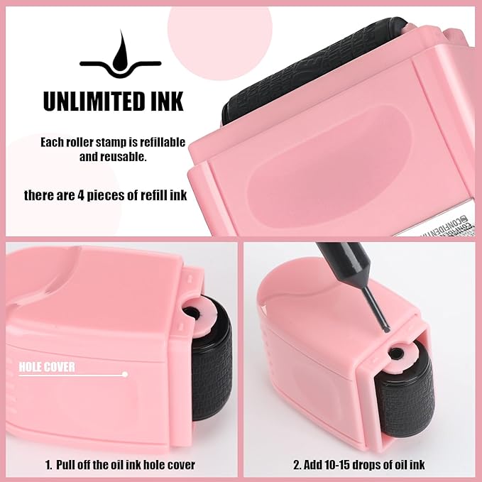 Nezyo 2 Pack Identity Protection Roller Stamp Identity Theft, Confidential, Privacy Roller Stamp Information Blocker and 4 Pack Refill Ink for ID Account Data Address Security (Pink)