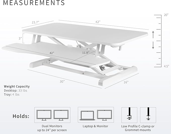 VIVO 42 inch Desk Converter, K Series, Height Adjustable Sit to Stand Riser, Dual Monitor and Laptop Workstation with Wide Keyboard Tray, White, DESK-V042KW