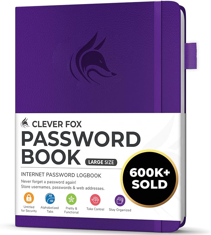 Clever Fox Password Book with alphabetical tabs. Internet Address Organizer Logbook. Large Password Keeper for Website Logins (Purple)