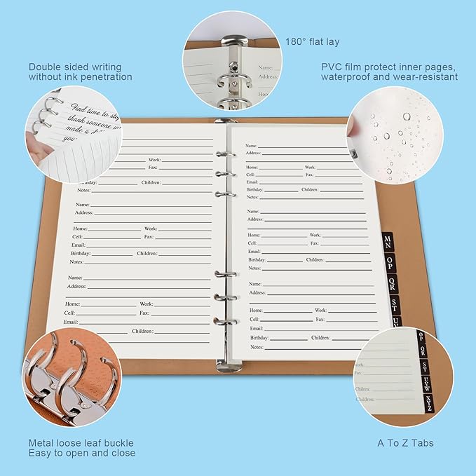Refillable Address Book with Alphabetical Tabs, w/Pockets, 648 Large Print Telephone Birthday Email PU Leather Hardcover Durable for Women Men Seniors Home Office, 236Pages, A5, Black