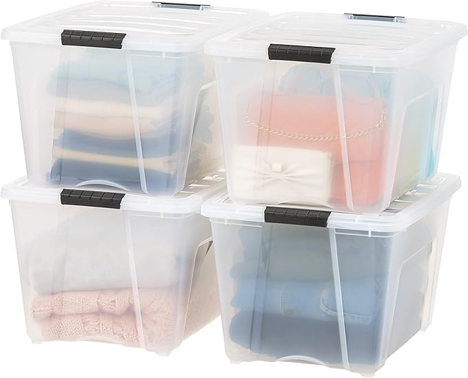 IRIS USA 51 L (54 QT) Plastic Storage Box with Lid and Latches - 4 Pack - BPA-Free, See-Through Organizing Solution, Durable Nestable Stackable Containers, Secure Pull Handle - Clear