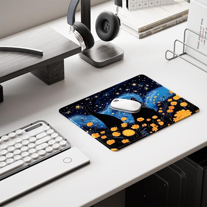 Auhoahsil Mouse Pad, 12 x 10 in Van Gogh Style Cat Theme Computer Mouse Pad for Desk, Premium-Textured Non-Slip Rubber Stitched Edges Waterproof Square Mouse Mat for Gaming Work Wireless Mice