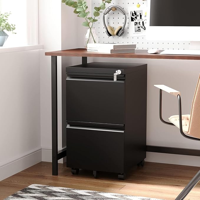 Letaya 2 Drawer Mobile File Cabinet with Lock, Under Desk Metal Rolling Filing Cabinets for Home Office Organizer Letters/Legal/A4 (Black- Requires Installation)