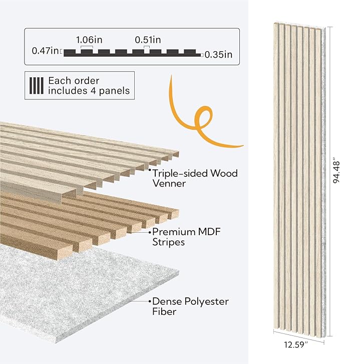 Olanglab Wood Slat Wall Panels 4 Pack, Wooden Acoustic Wall Panels, 94.5"x12.6" Each 3D Wall Panels for Interior Wall Decor (Light Oak-Grey Felt-Extendo Trio)