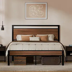 Queen Metal Bed Frame&Wooden Headboard&Footboard,No Box Spring,Walnut