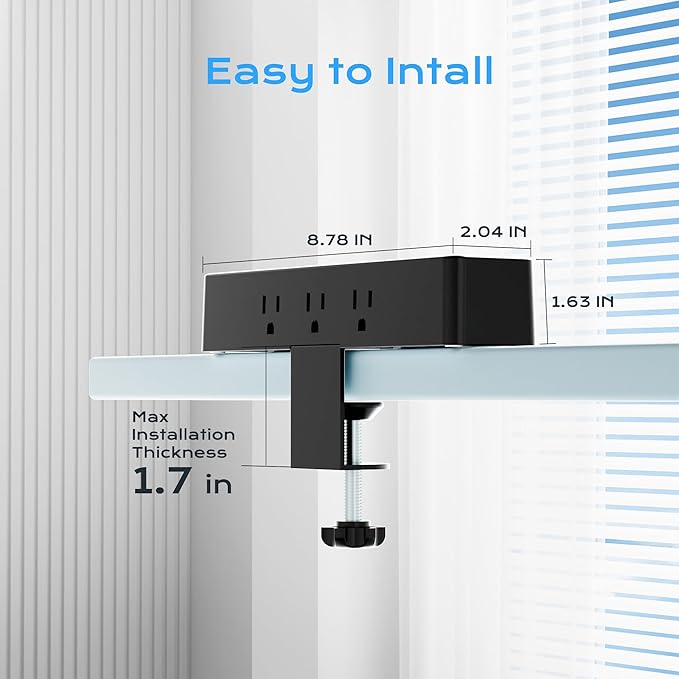 Flat Plug Desk Clamp Power Strip 10FT, 40W Total Fast Charging Station, Dual PD 20W USB C Ports, Desk Edge Mount Power Strip 9 AC Outlets 8 USB Ports(4 USB C) Surge Protector, Fit 1.7" Tabletop Edge