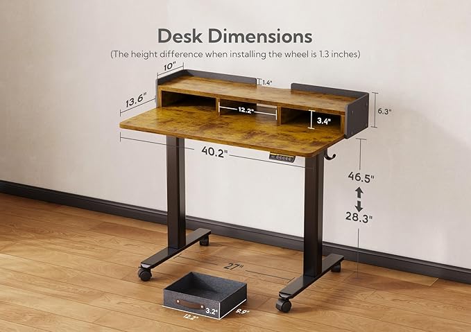 Claiks Standing Desk with Drawers, Adjustable Stand Up Electric Small Standing Desk Adjustable Height with Storage Shelf and Splice Board, 40 Inch, Rustic Brown
