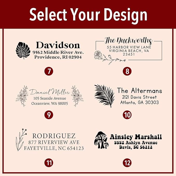 Custom Floral Address Stamp | Choose from 12 Designs | Multiple Ink Color Options | Envelope Return Address Stamp for Couple or Family (Design 8, Large)