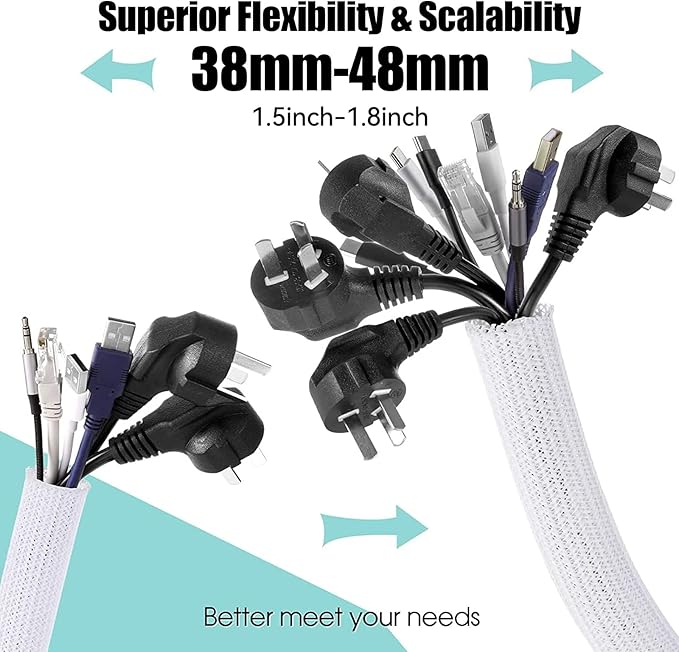 AGPTEK Cable Sleeve Cover, 2Pack 5ft - 1.8 inch Desk Cord Organizer Cable Hider, Home Office Wire Management Computer TV Wire Loom Tubing, Pet Proof Cord Protector, from Cat Dog Chewing, White