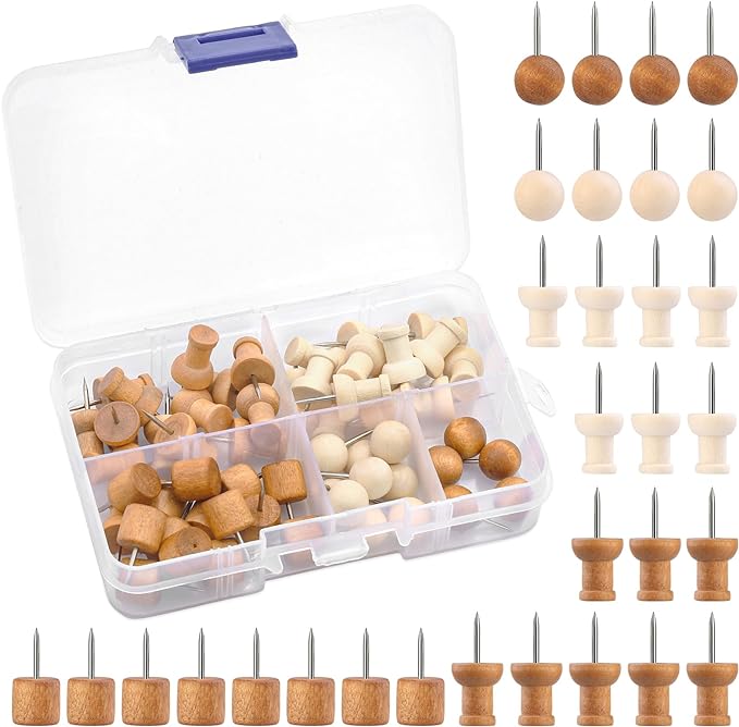 60 Pcs Wood Push Pins, 2 Colors and 5 Types Decorative Thumb Tacks Wooden Head Pin Map Tacks Marking Pin, Wood Thumb Tacks Decorative for Bulletin Boards Craft Projects with Storage Box