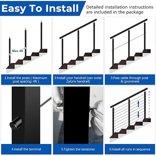 36" Modular 12-16FT Black T304 Stair Cable Railing Post Kit, Cable Railing System with 4 Stair Posts, 177ft 1/8" Wire Rope(No Handrail), Adjustable Length Easy DIY for 28-38° Stairway
