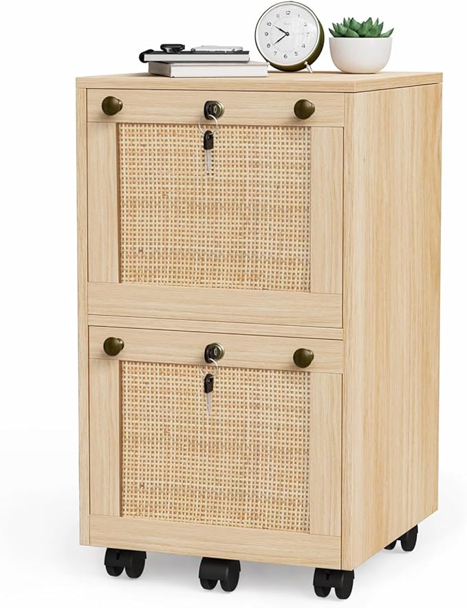 VINGLI 2 Drawer File Cabinet with Lock, Rolling File Cabinets for Home Office, Small Printer Stand, Wood Rattan Oak File Organizer, Under Desk Filing Cabinet on Wheels for Folders with Tabs