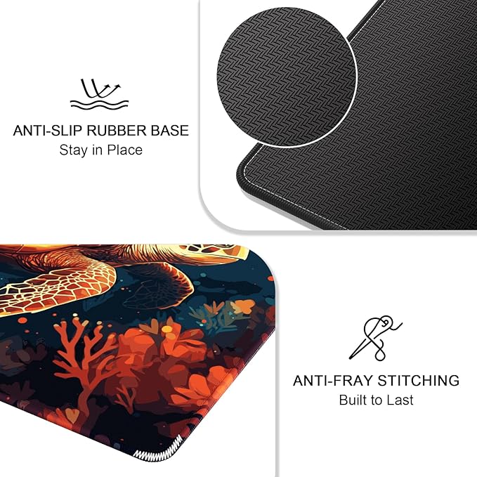 Auhoahsil Mouse Pad, 12 x 10 in Animals Theme Computer Mouse Pad for Desk, Premium-Textured Non-Slip Rubber Stitched Edges Waterproof Square Mouse Mat for Gaming Work Wireless Mice, Coral & Turtle