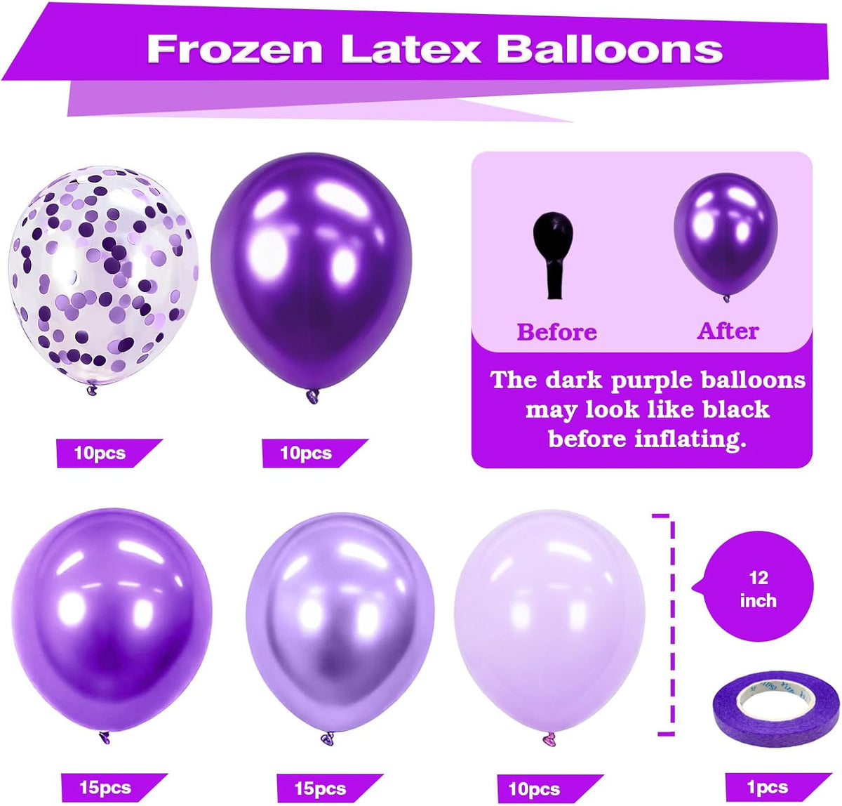 Bezente Purple Latex Balloons Kit, 60pcs 12 inch Dark Purple Metallic Chrome Confetti Lavender Lilac Balloons for Women Birthday Wedding Baby Bridal Shower Halloween Themed Party Decorations