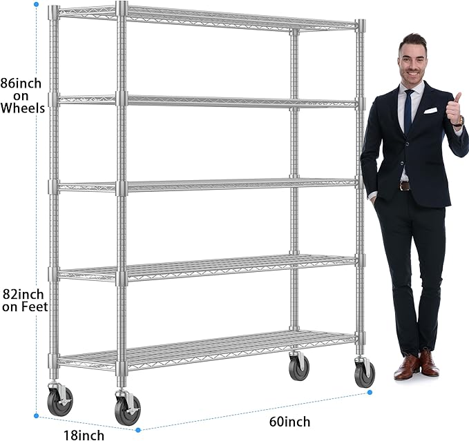 Homdox 5 Tier Heavy Duty Metal Wire Shelving with Wheels, 3000 lbs Capacity Garage Storage Rack, Rolling Industrial Storage, Adjustable Commercial Shelves for Kitchen, Warehouse, 18"x60"x82", Chrome