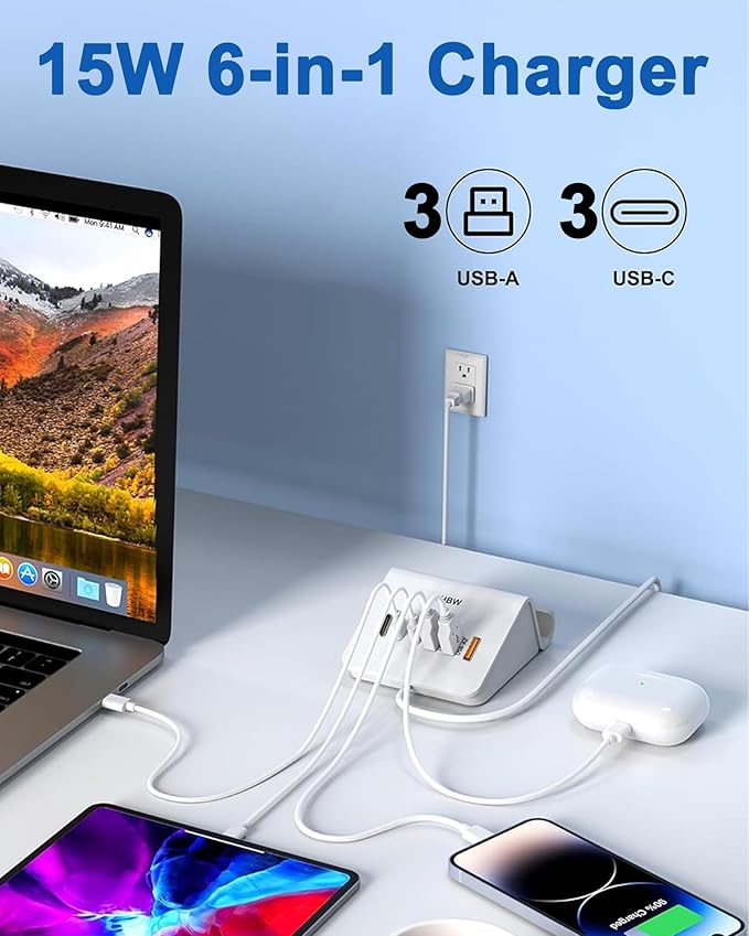 VHBW USB Charging Station, 6 Port 3USB-A and 3USB-C Charging Station for Multiple Devices, Multi USB Nightstand Charger Station with Phone Stand (ETL Listed, 6Ft Extension Cord, White)