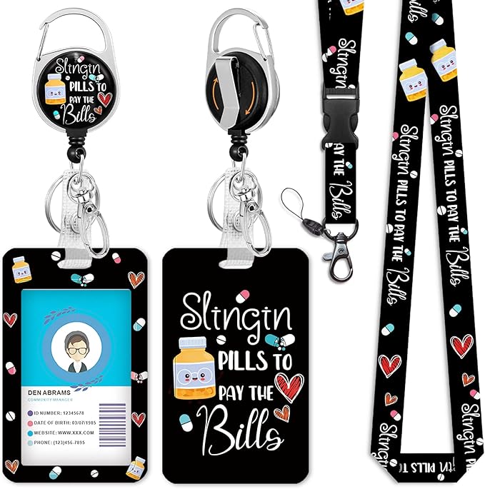 Pharmacy Pharmacist Chill Pill Lanyards for Id Badges, Cute Funny Badge Reel Heavy Duty with Carabiner Clip, Fashionable ID Badge Holder with Breakaway Lanyard, Teacher Nurse Office Christmas Gifts