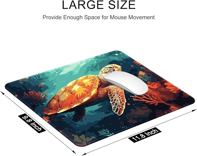 Auhoahsil Mouse Pad, 12 x 10 in Animals Theme Computer Mouse Pad for Desk, Premium-Textured Non-Slip Rubber Stitched Edges Waterproof Square Mouse Mat for Gaming Work Wireless Mice, Coral & Turtle