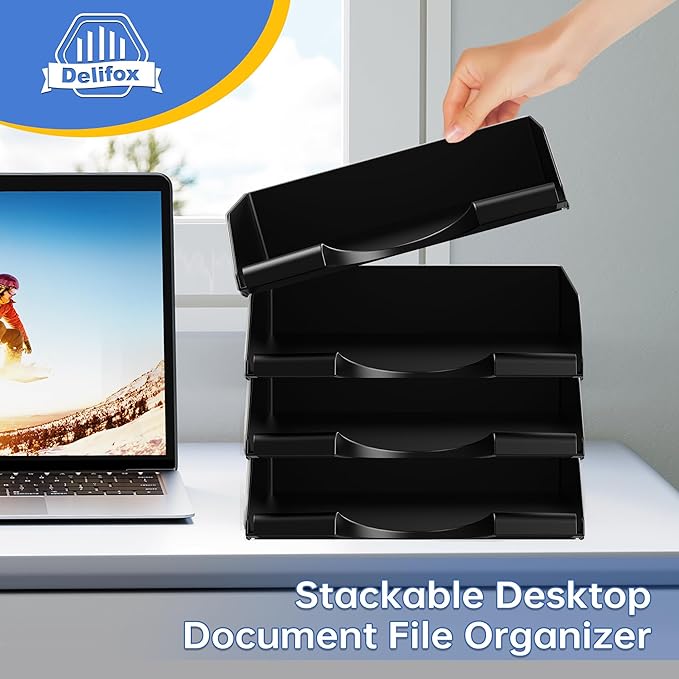 4 Pack Stackable Paper Trays for Letter Documents, Desktop File Organizers for Office Supplies, Stackable Desk Tray Holder for Paper Storage, Black