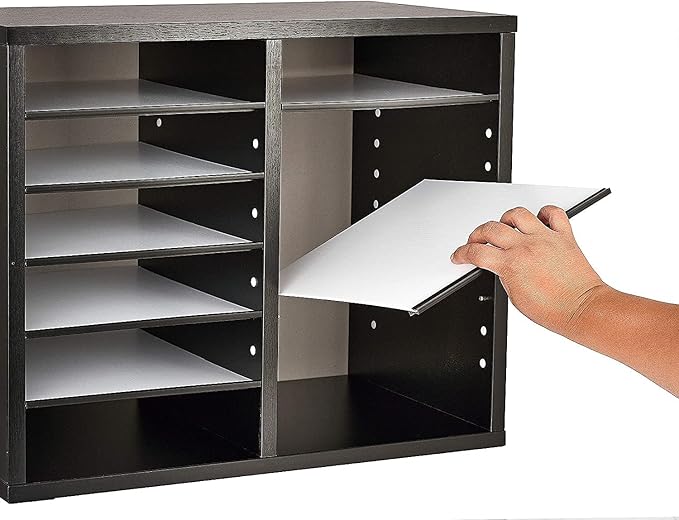 AdirOffice Wooden Adjustable Literature Organizer, 12 Compartment Office Mailbox, or Classroom Literature Organizer, Black