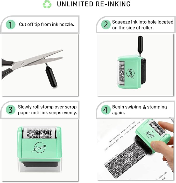 Miseyo Wide Identity Theft Protection Roller Stamp Set - Mint Green (3 Refill Ink Included)