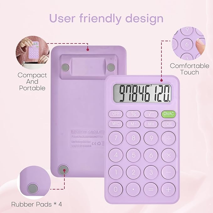 Cute Calculator, Basic Four Function for Teachers Students Basics Office, Small Handheld Calculators, 8 Digit with LCD Display, Sensitive Button, 5.5×3.2 inches Purple