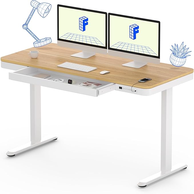 FLEXISPOT 55" Electric Standing Desk with Drawers, Quick Assembly Home Office Sit Stand Desk with Storage, USB Charging, Computer Desk for Home Office (Maple Top + White Adjustable Frame, Comhar)