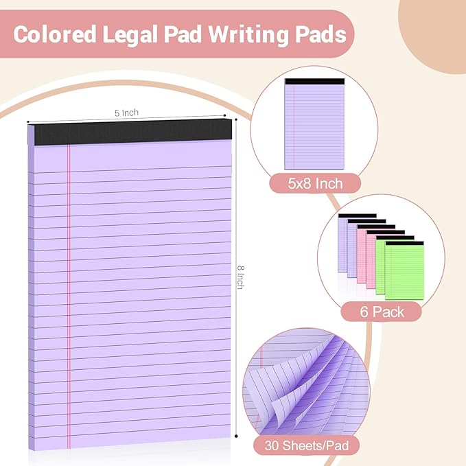 Legal Pads 5x8 Inch, 6 Pack, Narrow Ruled, 5x8 Colored Legal Pad, Mini Double-Sided Printing Notepad Perforated Small Notepad 5x8" Lined Paper, 30 sheets, Colored Writing Pads for Office Home School