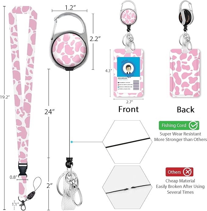 Cute Cow Badge Reel Retractable Heavy Duty with 360 Degrees Rotate Carabiner Clip, ID Badge Holder with Detachable Lanyard, ID Holder ID Clip Name Badge Keychain, Nurse Teacher Offfice Gifts