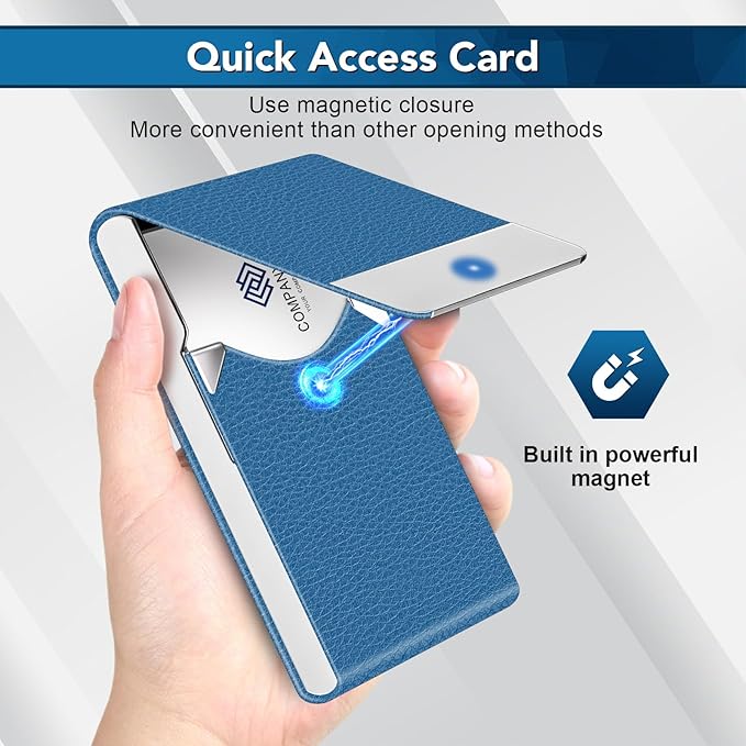 Business Card Holder with Ultra Slim Design, Business Card Case with Premium PU Leather, Suit Pocket Metal Card Holder for Women/Men, Magnetic Closure Quick Access Cards