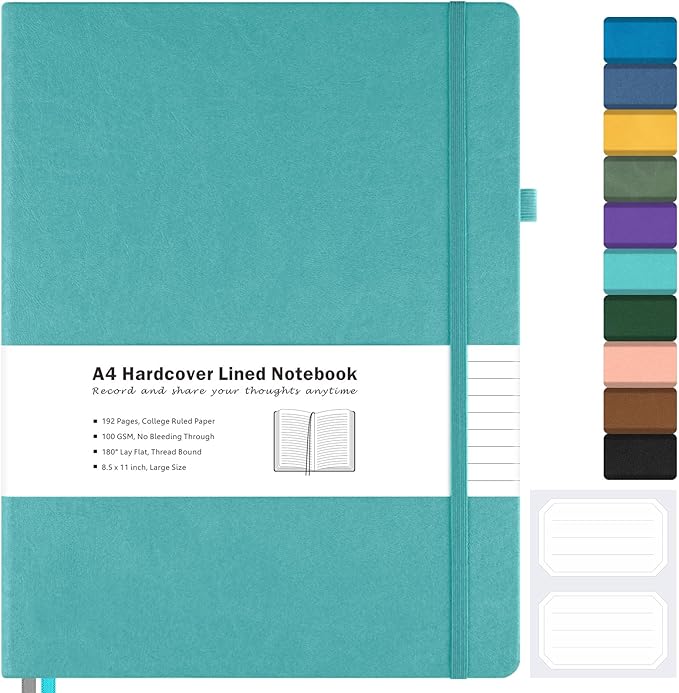 College Ruled Notebook, A4 Hardcover Leather Notebook for Work, Lined Notebook Journal for Women, Men, 192 Thick Paper, 8.5" x 11", Large Notebook with Pockets, Professional Business Notebook, Teal