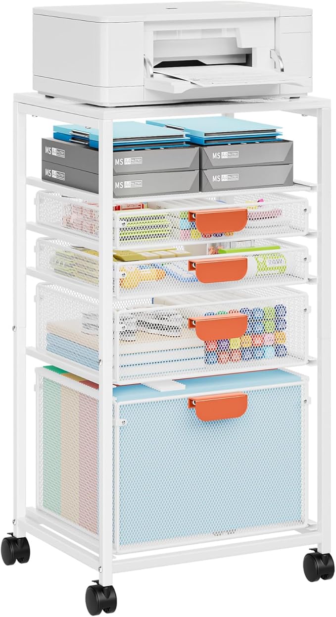 Marbrasse Rolling File Cart with 4 Storage Drawers, Mobile File Cabinet on Lockable Wheels, Hanging Filing Cabinet Organize, Under Desk Utility Cart for Home Office - White