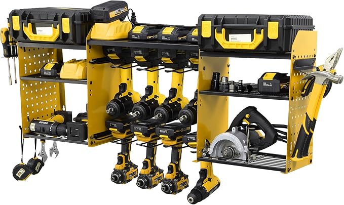 Power Tool Organizer Wall Mount with Charging Station, Heavy Duty Metal Cordless Drill Holder, Garage Tool Storage Battery Rack with 8 Outlet, Gift for Men Husband Dad Birthday Anniversary Yellow