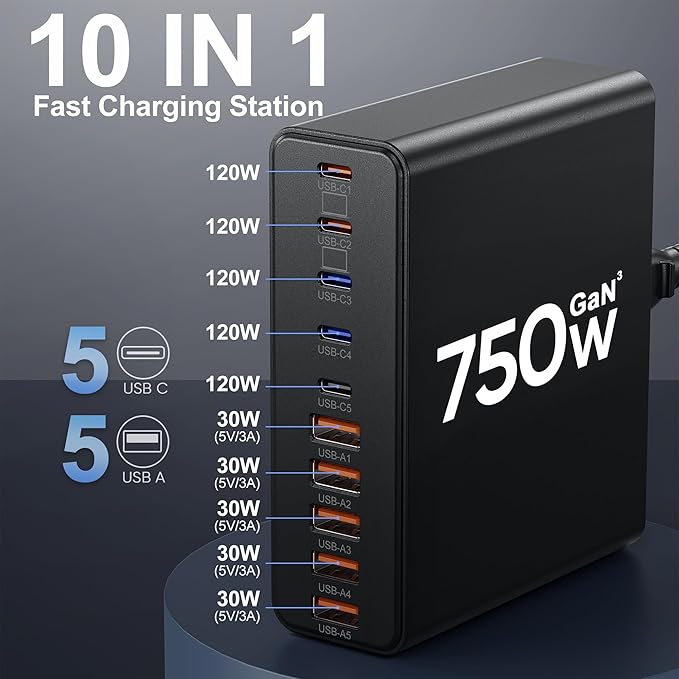 750W USB C Charger Block,10-Port Charging Station GaN Fast Charging Type C & USB A Wall Charger Adapter for MacBook Pro/Air,iPhone,iPad,Dell XPS,Samsung Galaxy (Bright Black)