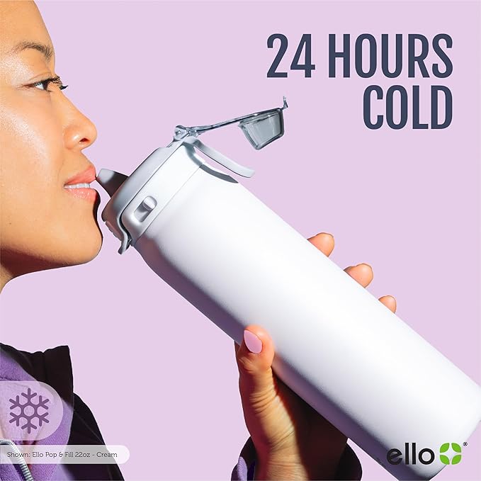 Ello Pop & Fill 22oz Stainless Steel Water Bottle with Quick Fill Technology, Double Walled and Vacuum Insulated Metal, Leak Proof Locking Lid, Sip and Chug, Reusable, BPA Free, Heavenly Hues