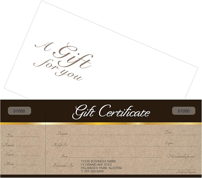 IMPACTONLINEPRINTING Custom Gift Certificates Cards with Envelopes 100 set - Sephia on kraft backgound image - Gift Certificates for Small Business