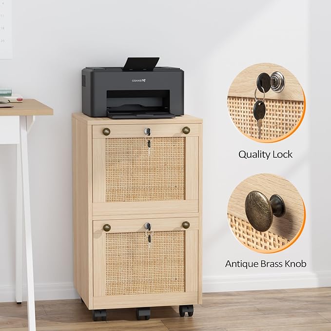 VINGLI 2 Drawer File Cabinet with Lock, Rolling File Cabinets for Home Office, Small Printer Stand, Wood Rattan Oak File Organizer, Under Desk Filing Cabinet on Wheels for Folders with Tabs