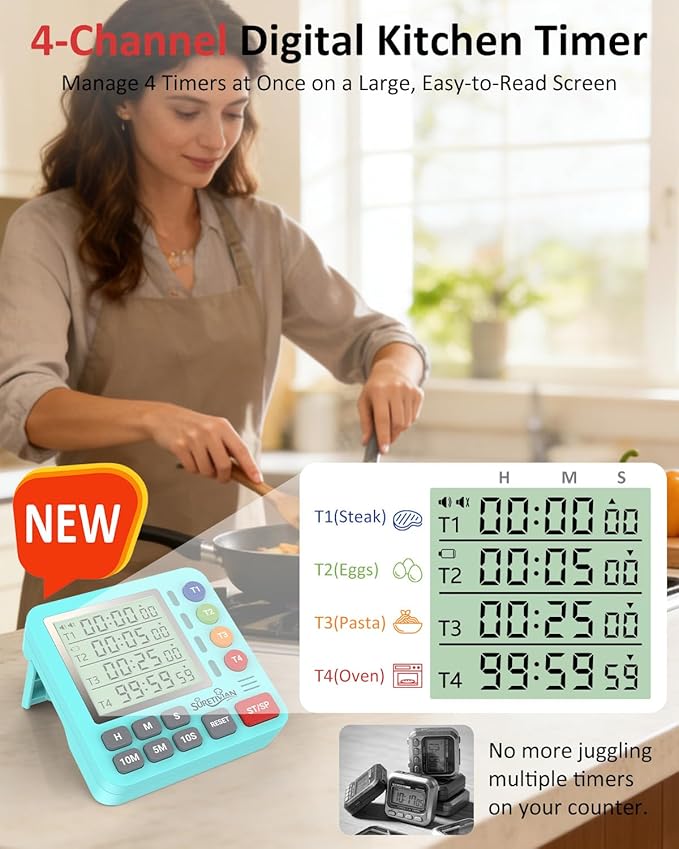 Digital Kitchen Timer for Cooking - 4 Channel Count Up Countdown Timer with Loud Alarm and Silent Mode, Large Display, Magnetic Back, Auto Memory for Classroom Study Gym, Battery Included (Mint Green)
