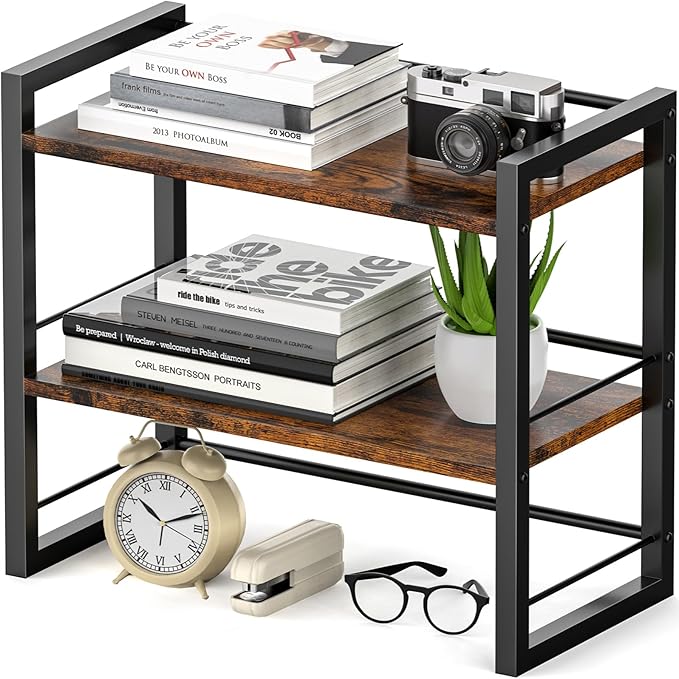 ART-GIFTREE Office Desk Shelf Organizer, Wood Desktop Bookshelf Supplies Storage Rack, Shelf for Top of Desk and Dresser (Brown-2 Tier)
