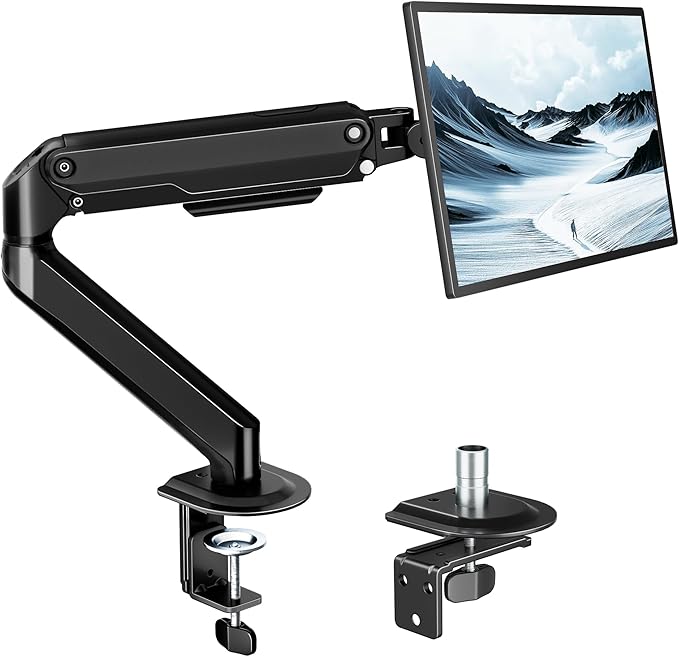 monTEK Single Monitor Arm Mount for 17-32 Inch Screens, Heavy Duty Steel Mechanical Spring Desk Monitor Stand, Full Motion Adjustable Monitor Arm with Clamp & Grommet, VESA 75/100, Holds up to 20lbs