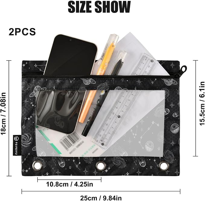 Space Planet Stars Moon Binder Pouches 3 Ring for Boys Girls School Office College Supplies Galaxy Black Universe Rocket Pencil Pouches Case Bag with Clear Window and Zipper 2 Pack