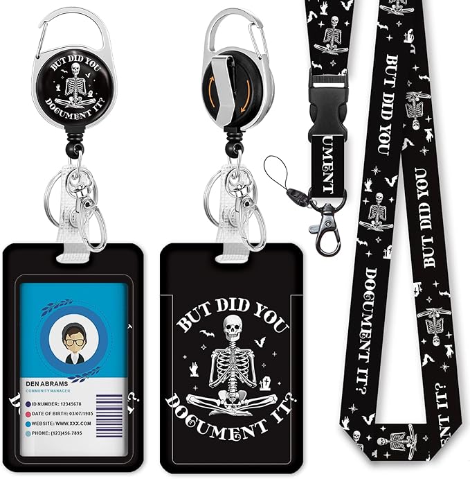 Giancomics Skeleton Skull Lanyards for Id Badges, Cute Funny ID Badge Holder with Lanyard Badge Reel Retractable, Teacher Lanyard with ID Holder Keychain Clip Name Tag ID Card Holder for Women Gift