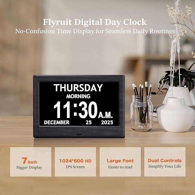7'' Dementia Clock For Seniors, Large Display Digital Clock With Date, Time, Day Of Week for Elderly, Alzheimer, 1024*600P HD, 10 Reminders & 7 Alarms, Auto Dimming & DST, Remote Control, Woodgrain