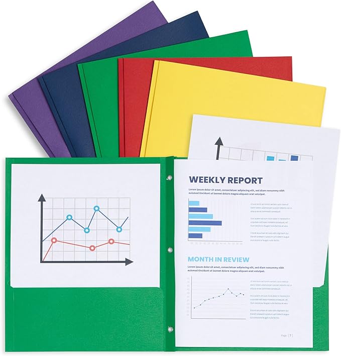 Blue Summit Supplies 100 Paper Two Pocket Folders with Prongs, 2 Pocket Folders Bulk 100 Pack, Assorted 5 Colors, 3 Prongs for Letter Size Paper, Designed for Office and Classroom