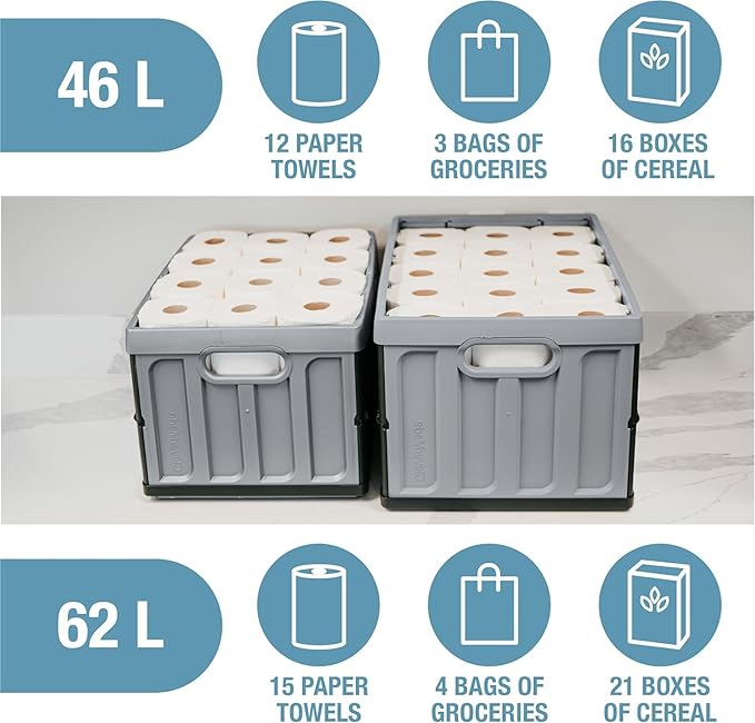 CleverMade Collapsible Storage Bins - Stone 1 Pack 46L - Stackable Containers Heavy Duty Capacity Folding Crates - Space-Saving for Home