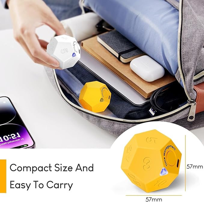 Mini 12 Sided Cube Timer, 11 Preset Times Pomodoro Timer for Enhanced Productivity. Ideal for ADHD Management, Workout, Study & Kitchen Cooking. Easy to Use (Yellow)